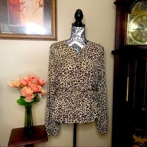 Leopard Print Tie Neck Peplum Blouse